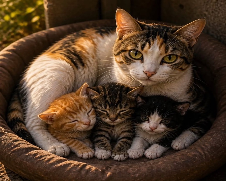 A mother cat with her kittens in a basket at the shelter