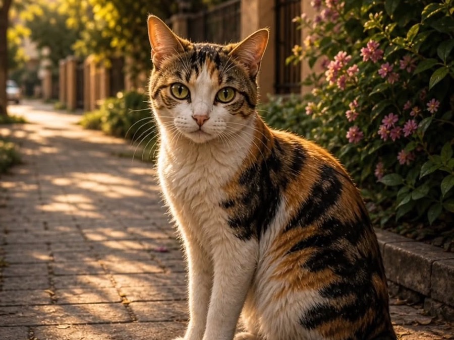A street cat sitting outdoors in its colony